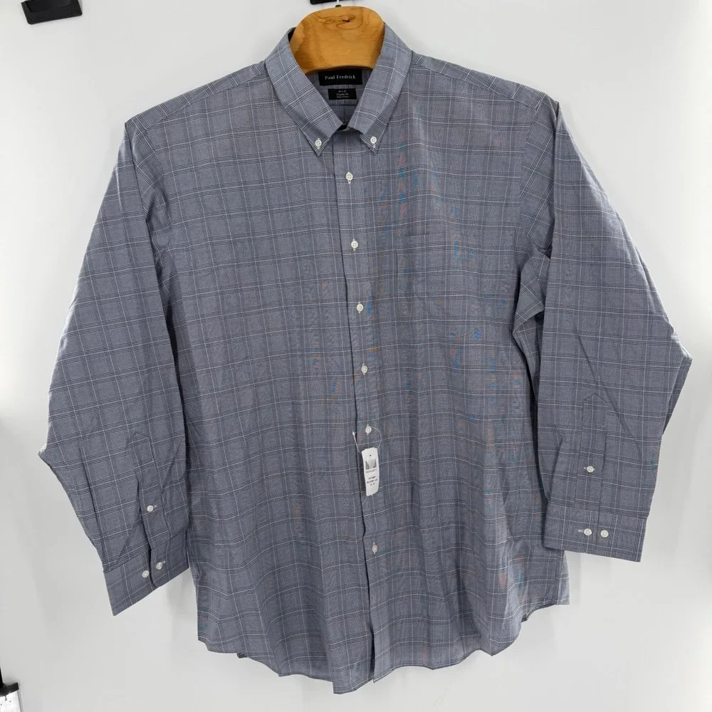 Paul Fredrick Mens Classic Fit Glen Plaid Dress Shirt Blue Brown 19 x 37 DHT580P